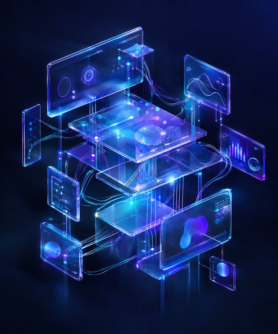 Layered glass panels forming a glowing neural network in blue and violet light