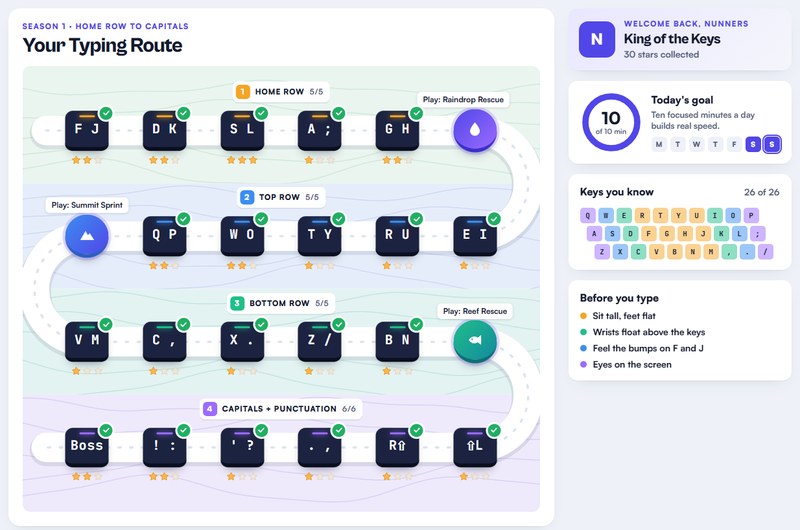 Kingdom of the Keys typing route dashboard